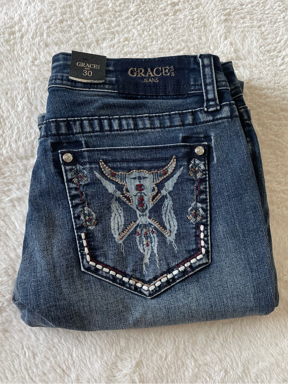NWT Grace in LA Tribal Western Embroidered Easy Fit Bootcut Jeans Size 30